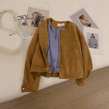 Женско късо яке от дива кожа велур, корейски стил, casual, полиестрова тъкан (70–80%), платка с катарами, колажна изработка