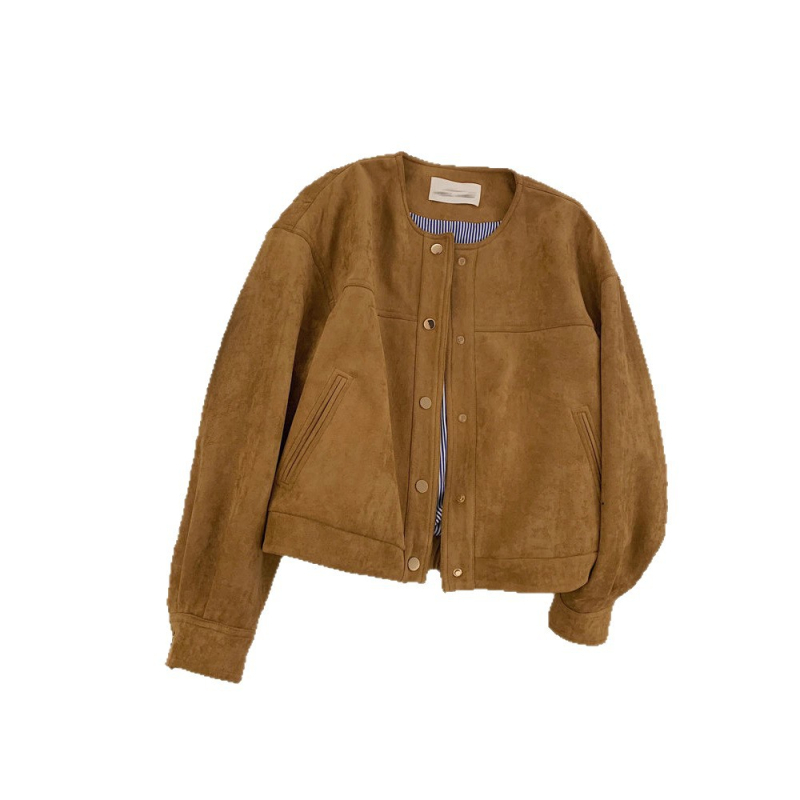 Женско късо яке от дива кожа велур, корейски стил, casual, полиестрова тъкан (70–80%), платка с катарами, колажна изработка