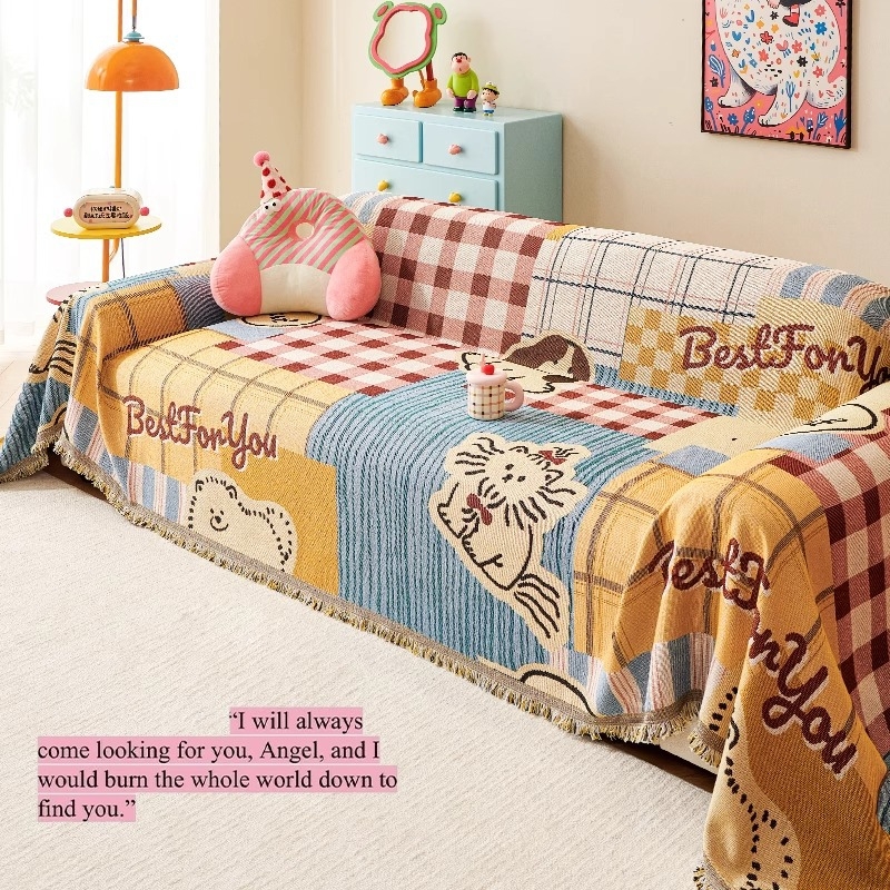 Trysėdžio sofą užvalkalas cartoon stiliumi su doily raštu; raštai: geometriniai, abstraktūs, animacinių filmų gyvūnai; Medžiaga: Six color scarf; Prekės ženklas: Fiber Return