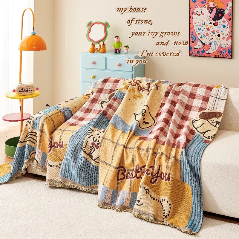 Trysėdžio sofą užvalkalas cartoon stiliumi su doily raštu; raštai: geometriniai, abstraktūs, animacinių filmų gyvūnai; Medžiaga: Six color scarf; Prekės ženklas: Fiber Return