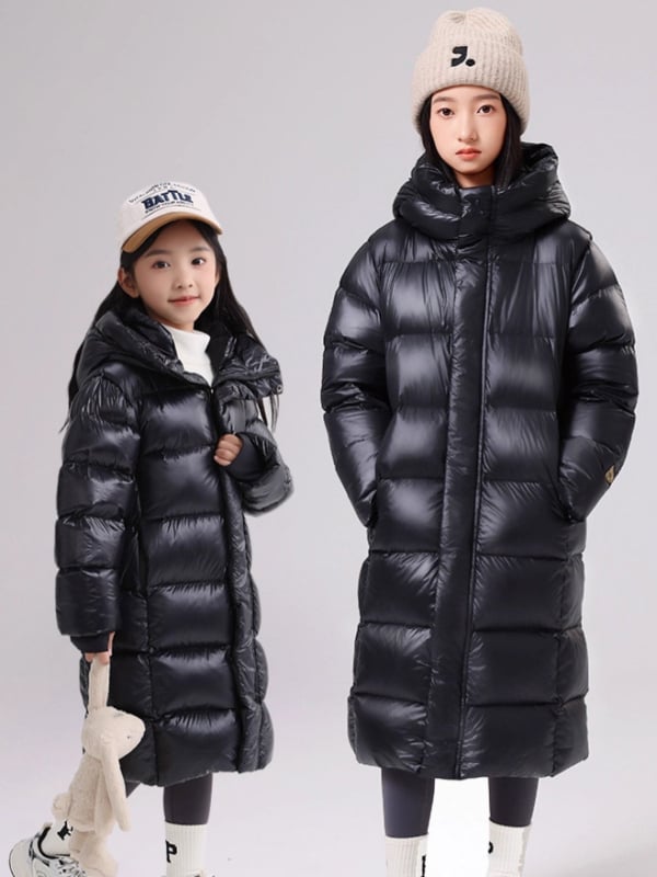 Gyermekeknek szóló tollkabát, uniszex, kacsa toll 95%+, középhosszú, elülső cipzárral, rögzített kapucnival