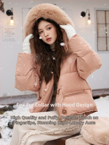Dámsky oversized kabát z down s golierom z líšky, kapucňou, krátka dĺžka, hrubé vypĺňanie, kačací down