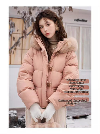 Dámsky oversized kabát z down s golierom z líšky, kapucňou, krátka dĺžka, hrubé vypĺňanie, kačací down