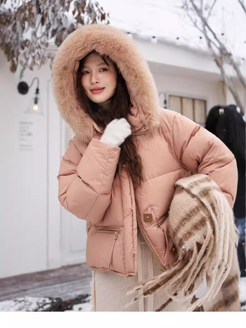 Dámsky oversized kabát z down s golierom z líšky, kapucňou, krátka dĺžka, hrubé vypĺňanie, kačací down