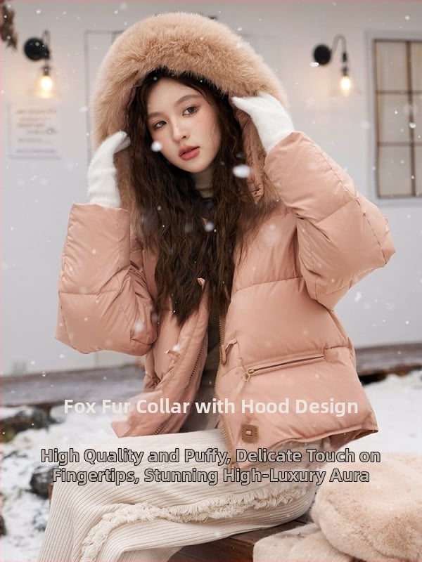 Dámsky oversized kabát z down s golierom z líšky, kapucňou, krátka dĺžka, hrubé vypĺňanie, kačací down