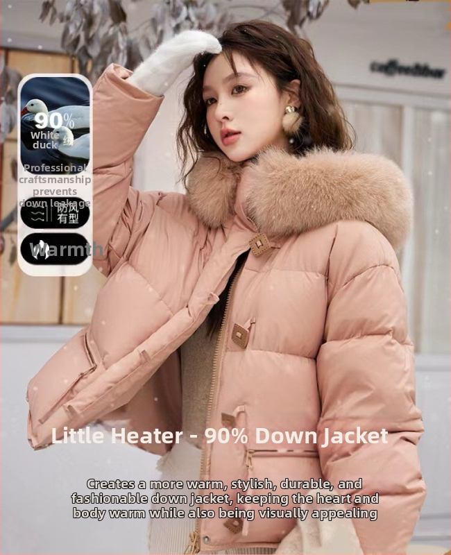 Dámsky oversized kabát z down s golierom z líšky, kapucňou, krátka dĺžka, hrubé vypĺňanie, kačací down