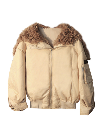 Páperová bunda s golierom z umelého kožušiny, výplň z bieleho kačacieho páperia, obsah páperia 86–90%, polyesterová tkanina, odnímateľný golier