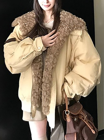 Páperová bunda s golierom z umelého kožušiny, výplň z bieleho kačacieho páperia, obsah páperia 86–90%, polyesterová tkanina, odnímateľný golier