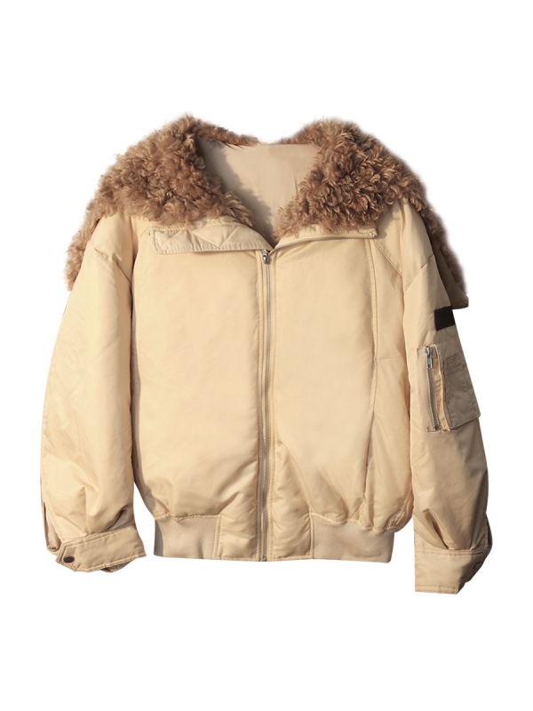 Páperová bunda s golierom z umelého kožušiny, výplň z bieleho kačacieho páperia, obsah páperia 86–90%, polyesterová tkanina, odnímateľný golier