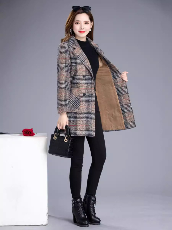 Sievietes vidēja garuma šaura plaid windbreaker jaka ar žaketes stila apkakli, dubultā pogu aizdare, garas piedurknes, vidēja blīvuma, rudens 2024