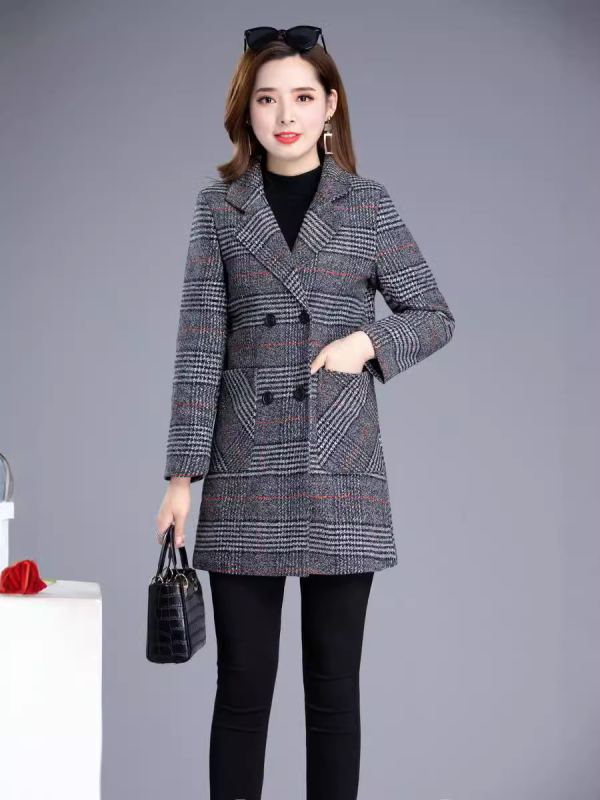 Sievietes vidēja garuma šaura plaid windbreaker jaka ar žaketes stila apkakli, dubultā pogu aizdare, garas piedurknes, vidēja blīvuma, rudens 2024