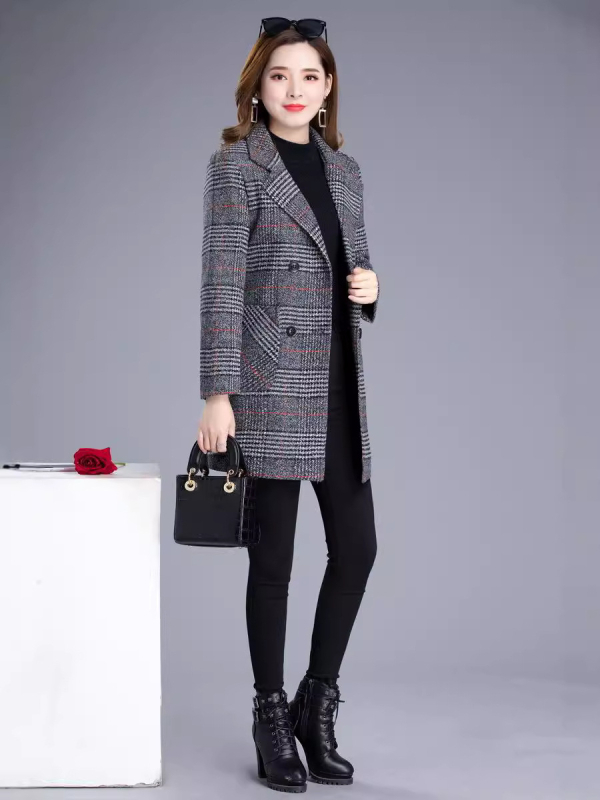 Sievietes vidēja garuma šaura plaid windbreaker jaka ar žaketes stila apkakli, dubultā pogu aizdare, garas piedurknes, vidēja blīvuma, rudens 2024
