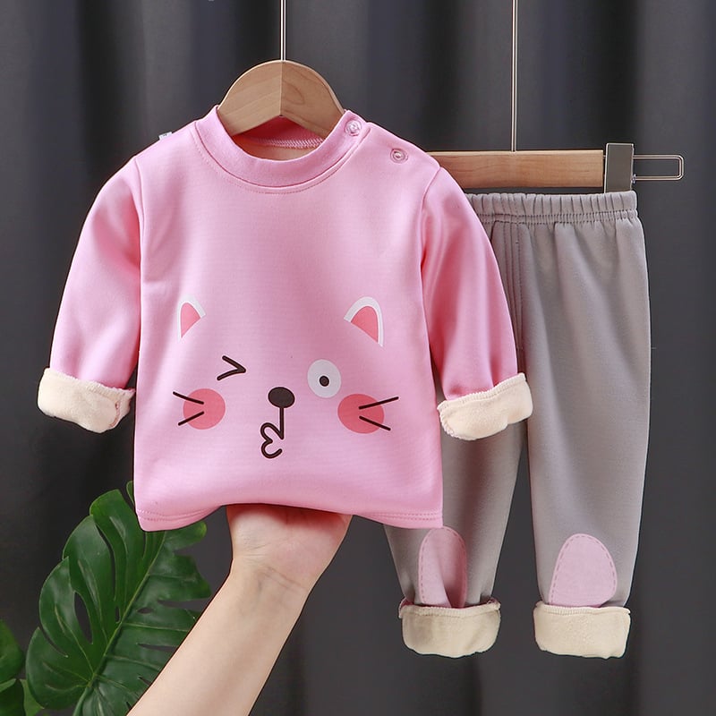 Dječji termalni komplet donjeg rublja – Milk Silk tkanina (95% poliester), debeli, visok ovratnik, karikatura uzorak, jesen-zima