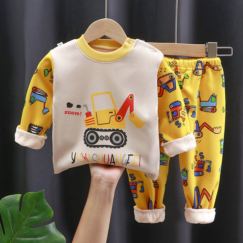 Dječji termalni komplet donjeg rublja – Milk Silk tkanina (95% poliester), debeli, visok ovratnik, karikatura uzorak, jesen-zima