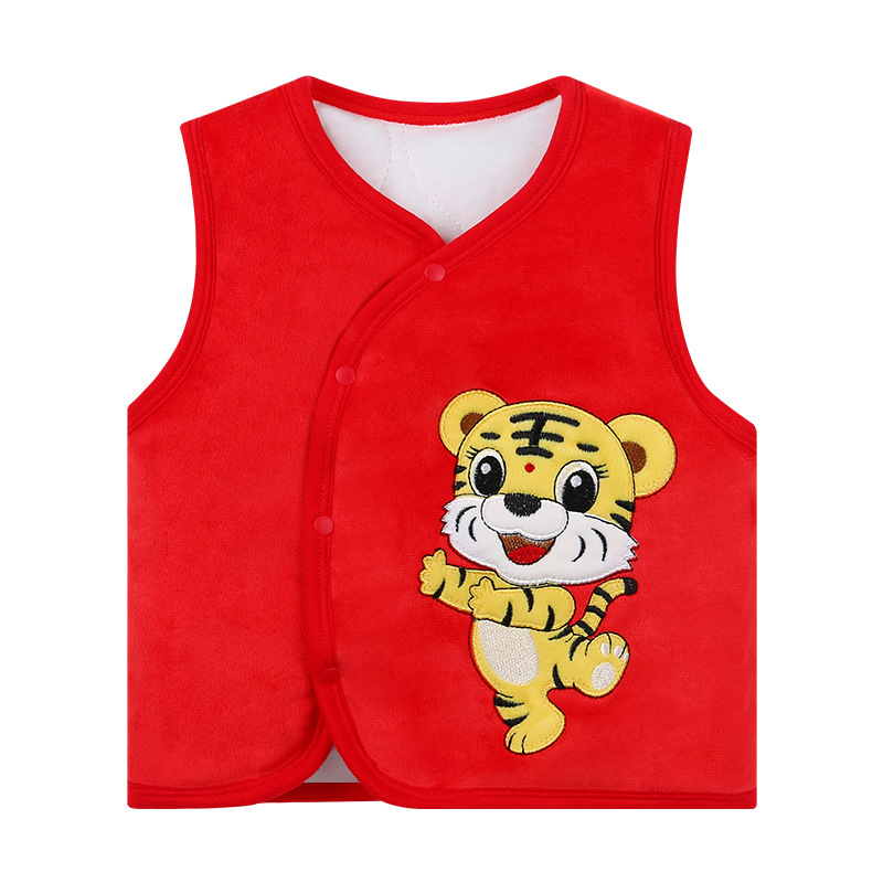 Vesta pentru copii fără mâneci, cu căptușeală coral fleece, groasă, 0–1 an, exterior 100% poliester, umplutură poliester, căptușeală din bumbac, stil coreean, închidere cu un nasture, fără glugă, unisex, primăvară/toamnă/iarnă, modele animale/cartoon/monoc