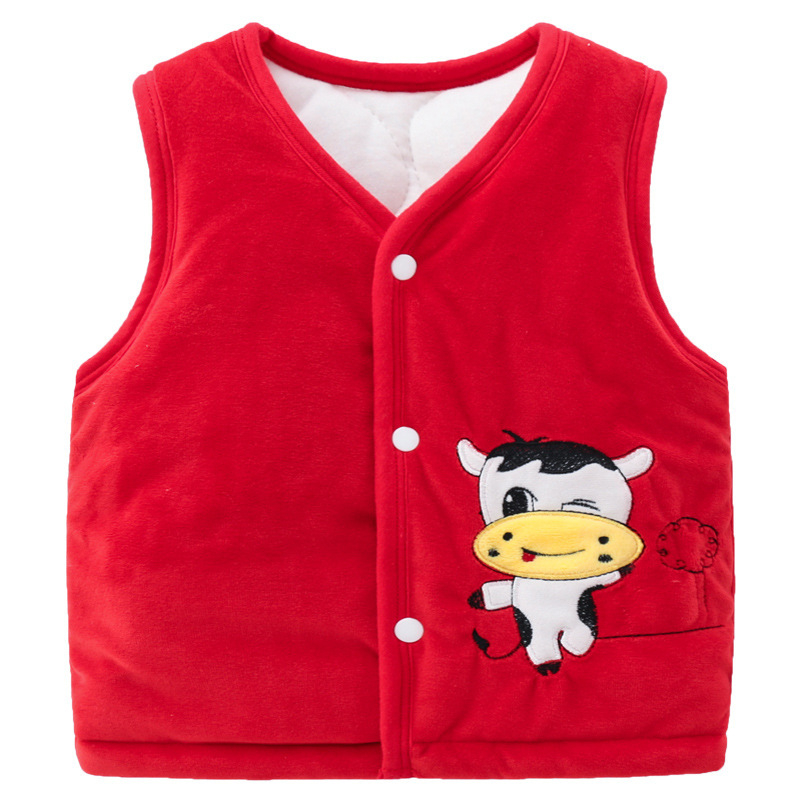 Vesta pentru copii fără mâneci, cu căptușeală coral fleece, groasă, 0–1 an, exterior 100% poliester, umplutură poliester, căptușeală din bumbac, stil coreean, închidere cu un nasture, fără glugă, unisex, primăvară/toamnă/iarnă, modele animale/cartoon/monoc