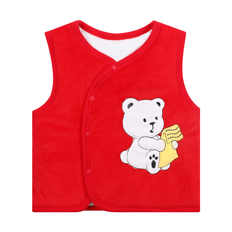 Vesta pentru copii fără mâneci, cu căptușeală coral fleece, groasă, 0–1 an, exterior 100% poliester, umplutură poliester, căptușeală din bumbac, stil coreean, închidere cu un nasture, fără glugă, unisex, primăvară/toamnă/iarnă, modele animale/cartoon/monoc