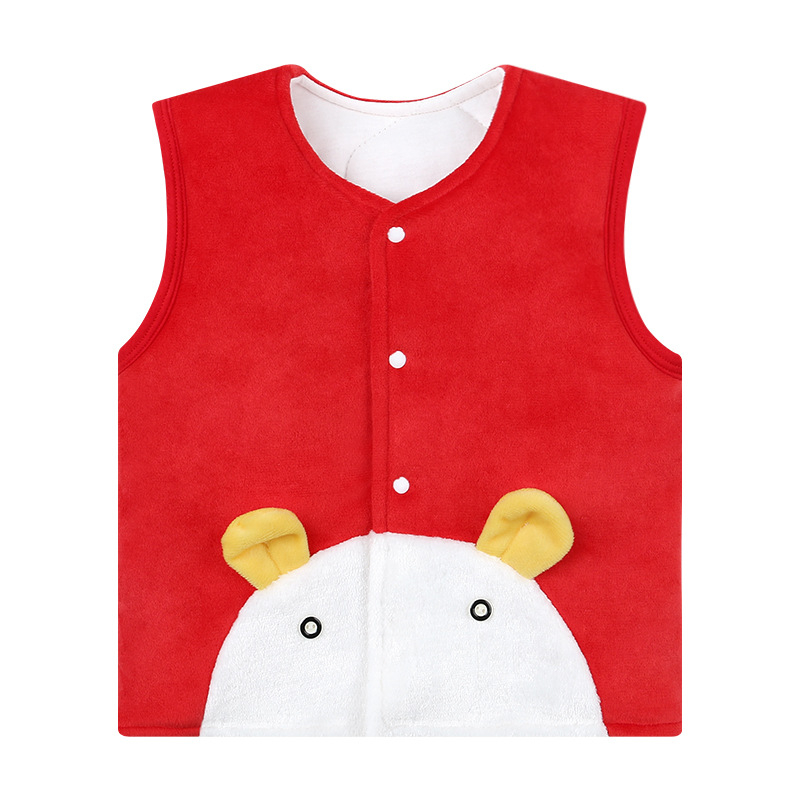 Vesta pentru copii fără mâneci, cu căptușeală coral fleece, groasă, 0–1 an, exterior 100% poliester, umplutură poliester, căptușeală din bumbac, stil coreean, închidere cu un nasture, fără glugă, unisex, primăvară/toamnă/iarnă, modele animale/cartoon/monoc