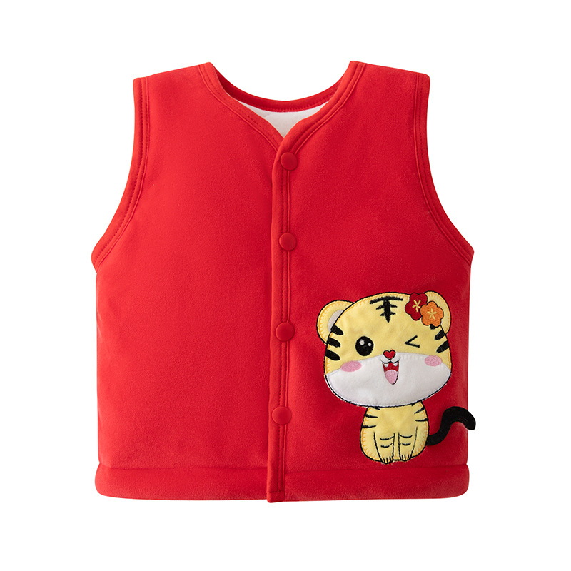 Vesta pentru copii fără mâneci, cu căptușeală coral fleece, groasă, 0–1 an, exterior 100% poliester, umplutură poliester, căptușeală din bumbac, stil coreean, închidere cu un nasture, fără glugă, unisex, primăvară/toamnă/iarnă, modele animale/cartoon/monoc