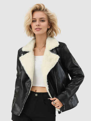 Moteriška odinė striukė su kailio apykakle, dirbtinė PU oda, užtrauktukas priekyje, ilgi rankovės, miestietiškas stilius (Ruduo 2024)