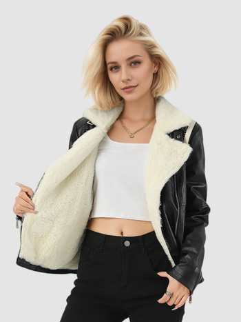 Moteriška odinė striukė su kailio apykakle, dirbtinė PU oda, užtrauktukas priekyje, ilgi rankovės, miestietiškas stilius (Ruduo 2024)