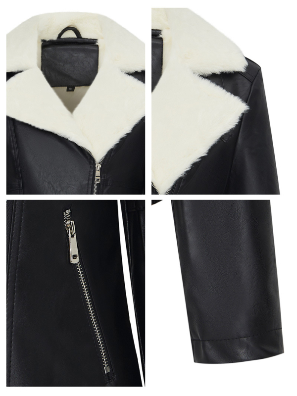 Sievietes ādas jaka ar kažokādas apkakli, mākslīgā PU āda, rāvējslēdzējs priekšā, garas piedurknes, pilsētas stils (Rudens 2024)