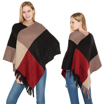 Pelerină-pulover - imitatie de cașmir, model în carouri, tricotat prin warp knitting, cald, pentru femei