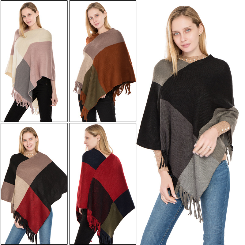 Pelerină-pulover - imitatie de cașmir, model în carouri, tricotat prin warp knitting, cald, pentru femei