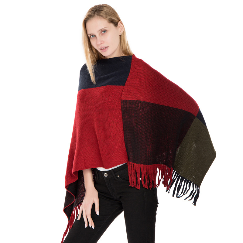 Pelerină-pulover - imitatie de cașmir, model în carouri, tricotat prin warp knitting, cald, pentru femei
