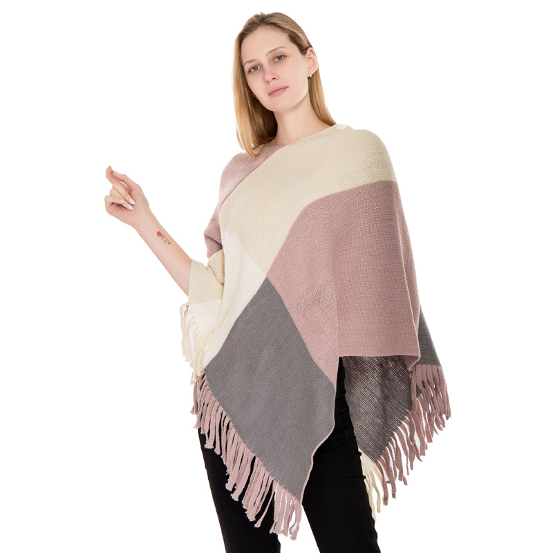 Pelerină-pulover - imitatie de cașmir, model în carouri, tricotat prin warp knitting, cald, pentru femei