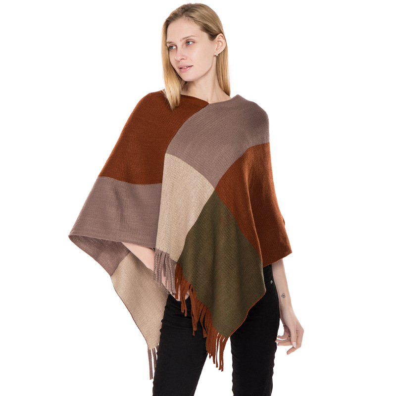 Pelerină-pulover - imitatie de cașmir, model în carouri, tricotat prin warp knitting, cald, pentru femei