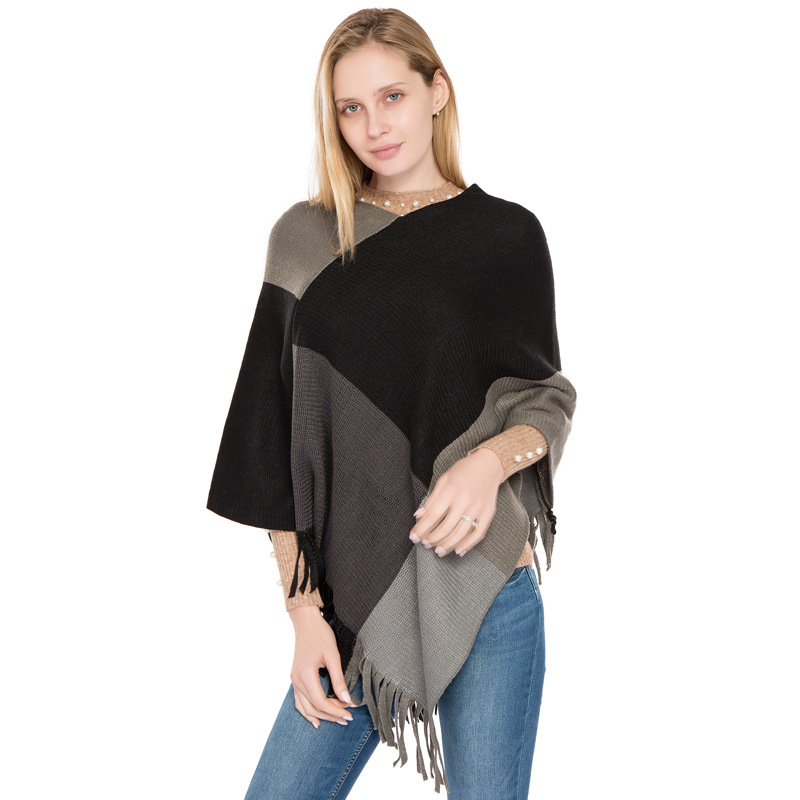 Pelerină-pulover - imitatie de cașmir, model în carouri, tricotat prin warp knitting, cald, pentru femei