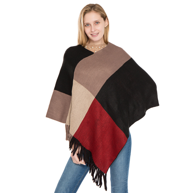 Pelerină-pulover - imitatie de cașmir, model în carouri, tricotat prin warp knitting, cald, pentru femei