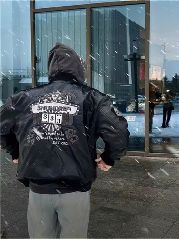 Himovani PU kožno sako s motivom američkog pokera, hip-hop stil, opuštenog kroja, baseball ovratnik, jednostruko kopčanje