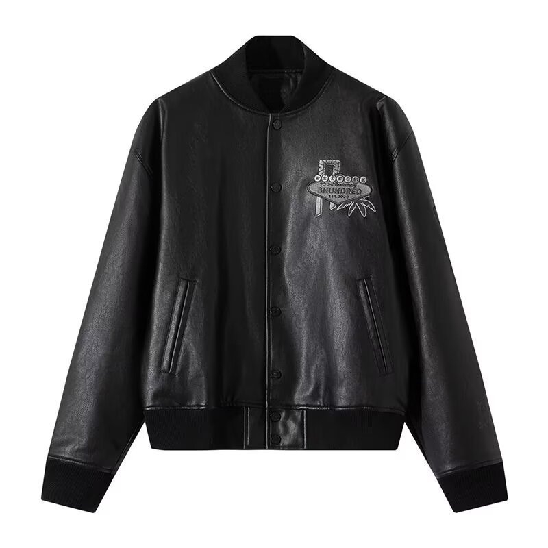 Himovani PU kožno sako s motivom američkog pokera, hip-hop stil, opuštenog kroja, baseball ovratnik, jednostruko kopčanje