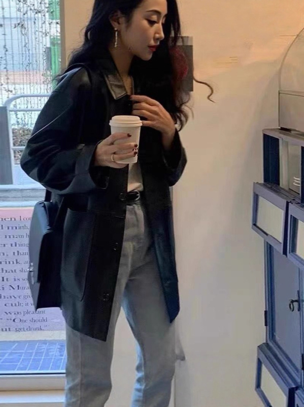 Moteriška imitacinės odos striukė, retro stilius, laisvas kirpimas, ruduo 2025, poliesterio audinys