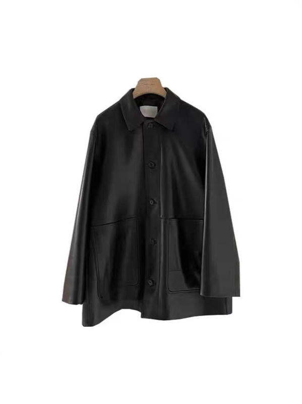 Moteriška imitacinės odos striukė, retro stilius, laisvas kirpimas, ruduo 2025, poliesterio audinys