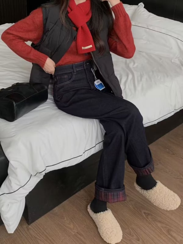 Džíny z denimu s vysokým pásom a širokým strihom, zmesou spandexu, plná dĺžka, zimná kolekcia 2024