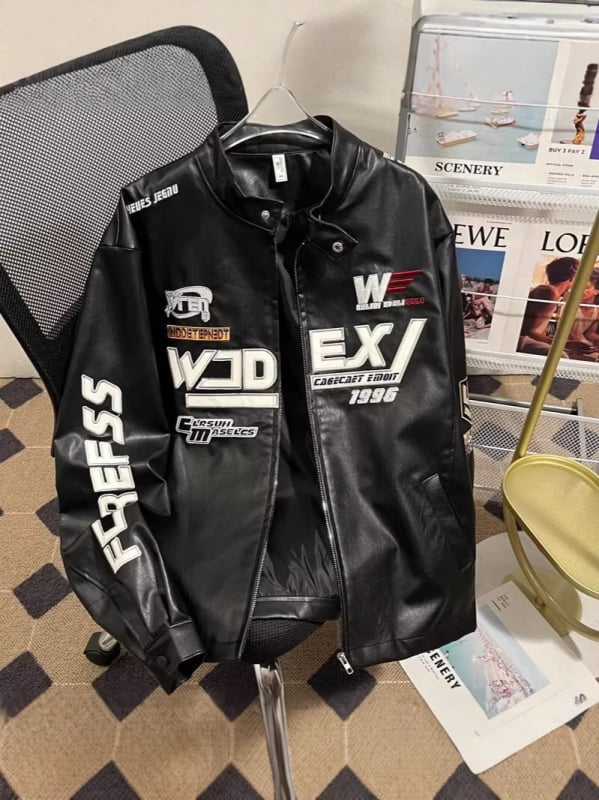 Muška PU kožna jakna, stojeći ovratnik, zatvarač, labavi kroj, bočni džepovi, podstava od poliestera, gradski stil proljeće-jesen