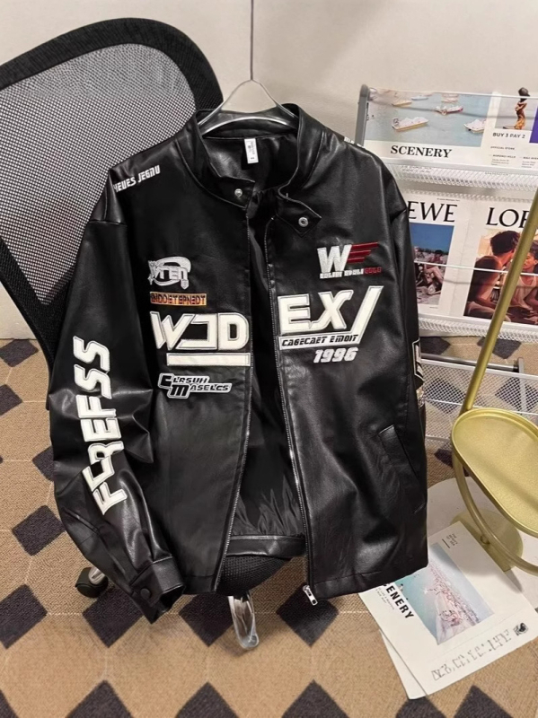 Muška PU kožna jakna, stojeći ovratnik, zatvarač, labavi kroj, bočni džepovi, podstava od poliestera, gradski stil proljeće-jesen