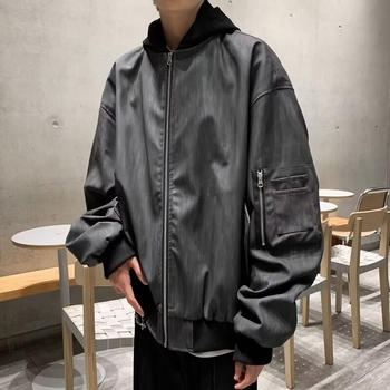 PU kožna jakna s kapuljačom, teksturirana površina, labav kroj, zip zatvarač, bočni džepovi - Jesen 2024