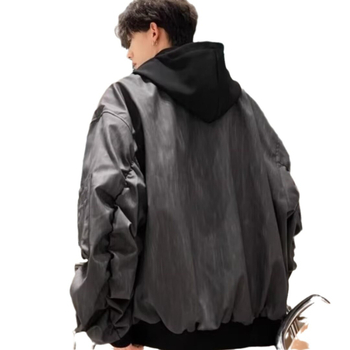 PU kožna jakna s kapuljačom, teksturirana površina, labav kroj, zip zatvarač, bočni džepovi - Jesen 2024