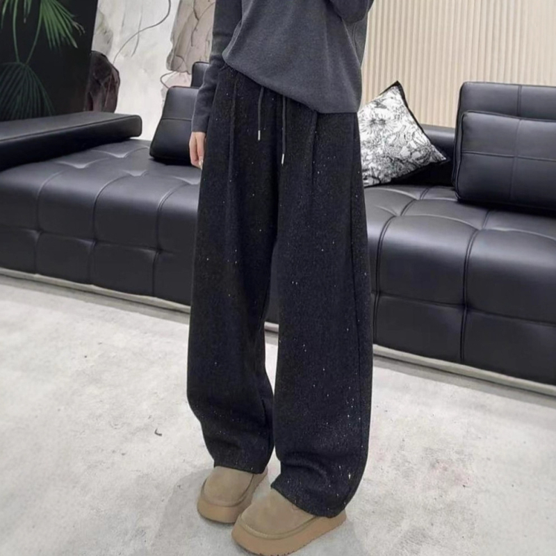 Moterų plačių kelnių iš poliesterio, žiema 2025 kolekcija, elastinga juosta, patchwork detalės, japoniško-korejiečių laisvalaikio stilius