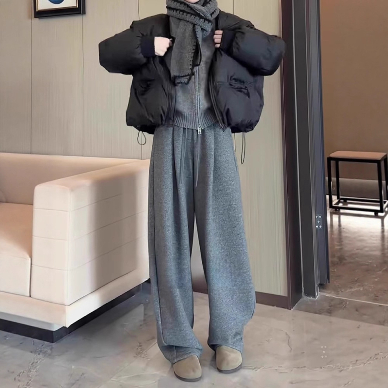 Ženske široke hlače za casualno nošenje — visoki struk, dužina do poda, poliester, japansko-korejski ležerni stil, jesen-zima 2025.