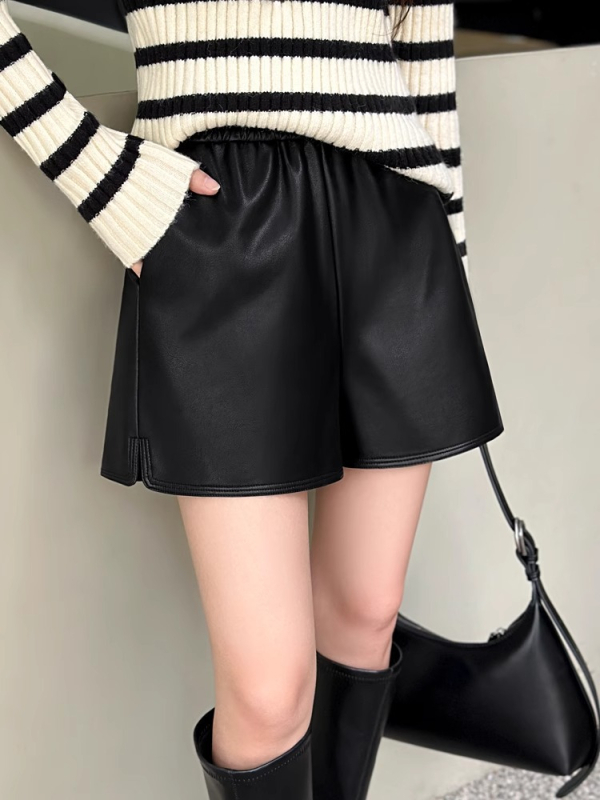 Ženske PU kožne hlače, visoki struk, slobodan kroj, duljina 3/4, japansko-korejski ležerni stil