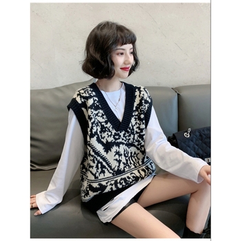 Vesta pre ženy so geometrickým vzorom jacquard a výstrihom do V, pletená vlnená vesta na jeseň-zimu