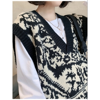 Vesta pre ženy so geometrickým vzorom jacquard a výstrihom do V, pletená vlnená vesta na jeseň-zimu