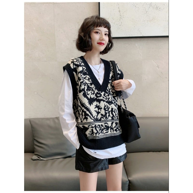 Vesta pre ženy so geometrickým vzorom jacquard a výstrihom do V, pletená vlnená vesta na jeseň-zimu