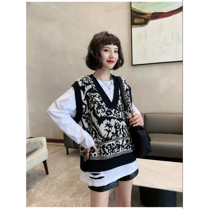 Vesta pre ženy so geometrickým vzorom jacquard a výstrihom do V, pletená vlnená vesta na jeseň-zimu