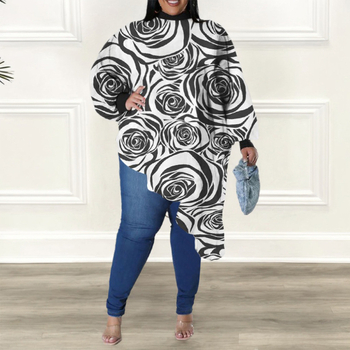 Дамски топ с флорален дигитален принт върху полиестер, дълги ръкави, висока яка, несиметричен подгъв